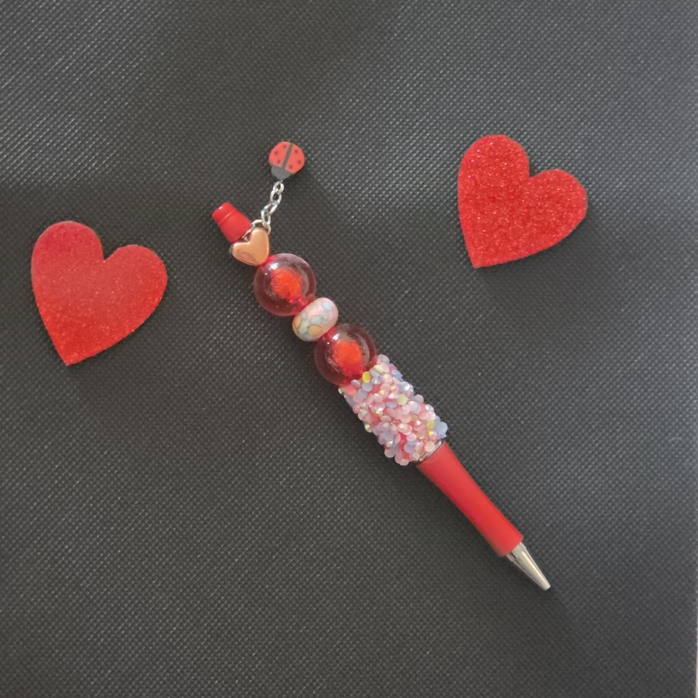 Red Beaded Pen with Heart Charm